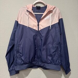 Nike Women Windrunner Jacket Large Full Zip Hooded Lightweight Pink Blue Pockets